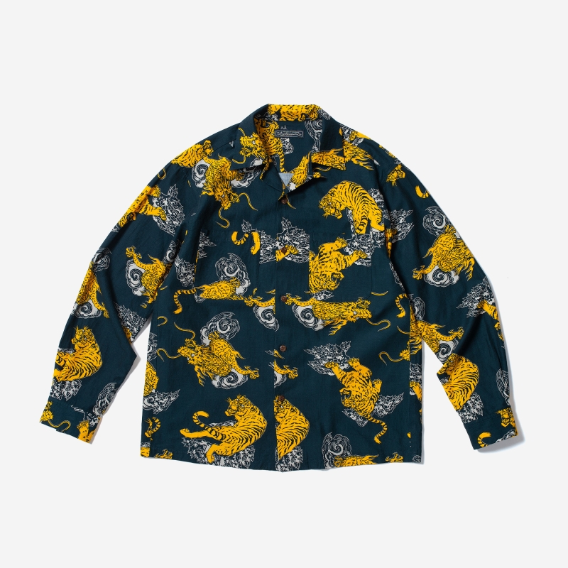 LOST CONTROL / Open Collar LS Shirts -Tiger&Dragon- (NAVY/YEL) LOST CONTROL / Open Collar LS Shirts -Tiger&Dragon- (NAVY/YEL)