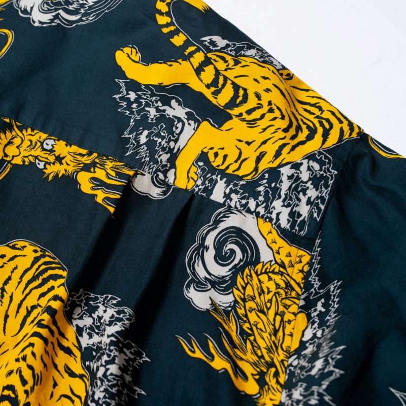 LOST CONTROL / Open Collar LS Shirts -Tiger&Dragon- (NAVY/YEL)